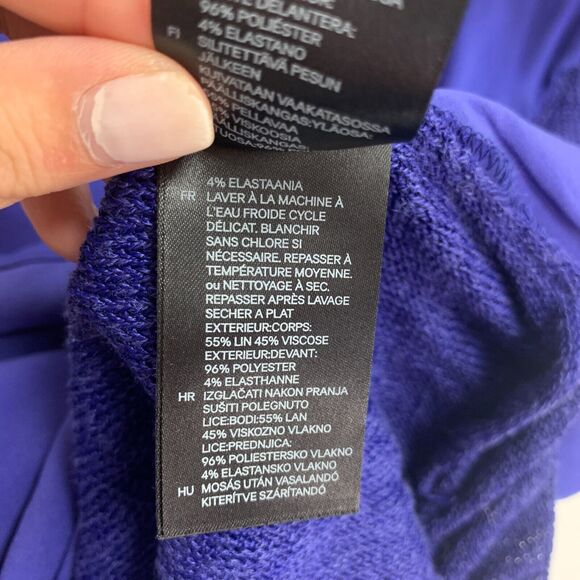 H&M Mixed Media Top Women M Deep Blue Contrast Open Knit Long Sleeve High Low - Picture 13 of 16